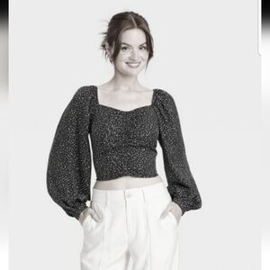 A new day Abstract dot Balloon Sleeve Ruched Top in black & beige NWT Sz. M